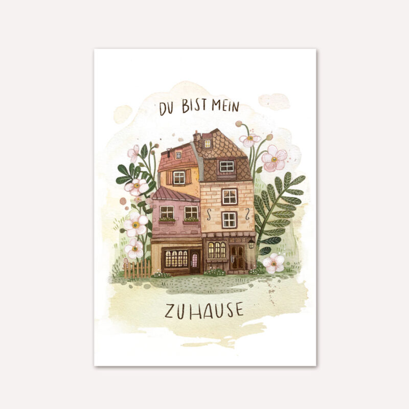 Karte_MeinZuhause Mein Zuhause Postkarte mit Aquarell Motiv und Spruch