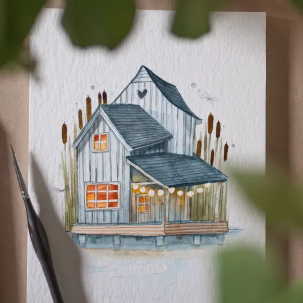 Haus-am-SEE_Aquarell_einhausamwald Postkarte Haus am See (10,5 x 14,8 cm)