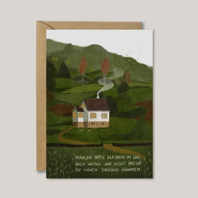 Trauerkarte_Haus_einhausamwald Klappkarte A6 mit einem Haus in der Natur, aus dem Rauch aufsteigt, mit Spruch